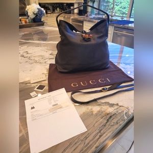 GUCCI authentic L deerskin leather hip shoulder bag, dark brown, bamboo close